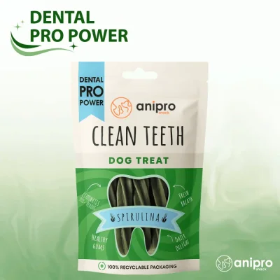 anipro Dental Pro Power дентални лакомства за кучета, във формата на фузили, мощна формула със спирулина и зелен чай, 84 г